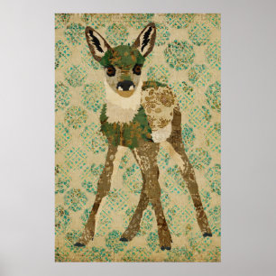 Little Blauwgroen Floral Fawn Art Poster
