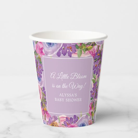 Little Bloom Paarse Roze Bloemen Baby Meisje Douch Papieren Bekers (Voorkant)