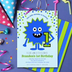 Little Blue Monster Boy 1st Birthday Cute Fun Kaart