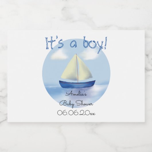 Little Blue Sailboat Boys Baby shower Sparkling Wijnetiket (Enkel label)