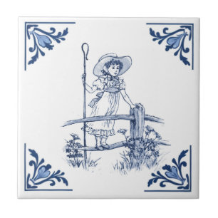 Little Bo Peep Shepherdess Girl Delfts Blauw & Wit Tegeltje