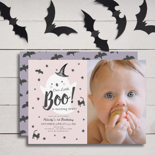Little Boo Ghost Halloween Roze 1e Verjaardag Foto Kaart