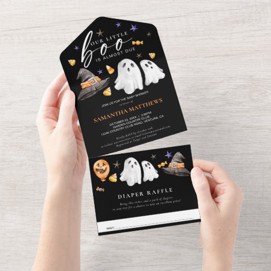 Little Boo Halloween Luier Raffle Zwart All In One Uitnodiging (Afscheurbaar)