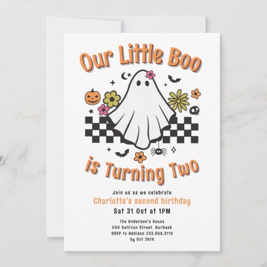 Little Boo Turning Twee Retro Ghost 2e Verjaardag Kaart (Voorkant)