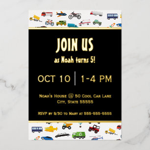 Little Boy Cars Vehicle Kind Birthday Party Gold Folie Uitnodiging