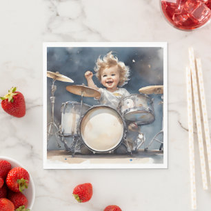 Little Boy Drummer Waterverf Illustratie Partij Servet