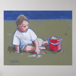 LIttle Boy en Sandcastle op Beach Poster