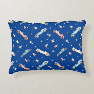 Little Boy Racing Car Waterverf Pattern on Blue Accent Kussen