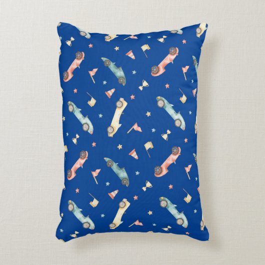 Little Boy Racing Car Waterverf Pattern on Blue Accent Kussen (Voorkant(Verticaal))