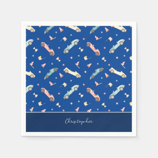 Little Boy Racing Car Waterverf Pattern on Blue Servet (Voorkant)