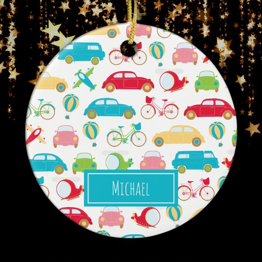 Little Boy Vehicle Pattern met First Name Kerstman Keramisch Ornament