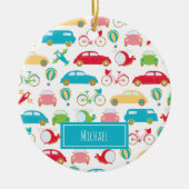 Little Boy Vehicle Pattern met First Name Kerstman Keramisch Ornament (Voorkant)