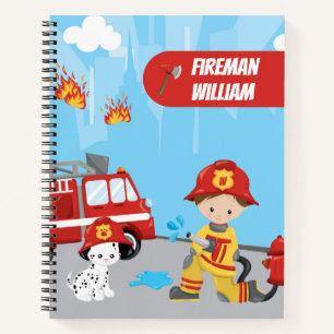 Little Boy's Cartoon Fireman met First Name Notitieboek