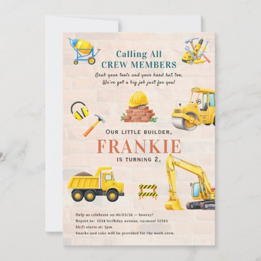 Little Builder Construction Party Invitation (Devant)