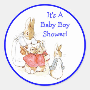 Little Bunny Konijnen Baby Jongen Douche Uitnodigi Ronde Sticker