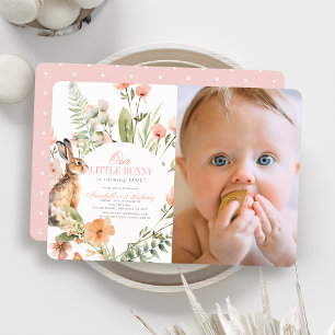 Little Bunny Pink Floral Girl 1st Birthday Foto Kaart