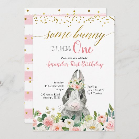 Little Bunny Spring Floral Birthday Invitation Kaart (Voorkant / Achterkant)