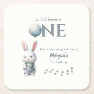 Little Bunny Turning One Blue Boys 1st Birthday Vierkante Kartonnen Onderzetter