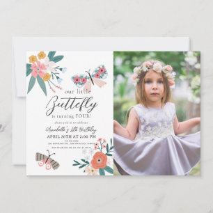 Little Butterfly Floral Girl Birthday Foto Kaart