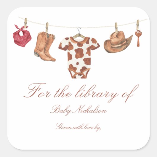 Little Cowboy Baby shower - for the library of Vierkante Sticker (Voorkant)