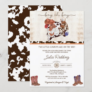 Little Cowboy Twin Boys Western V3 Baby shower Kaart