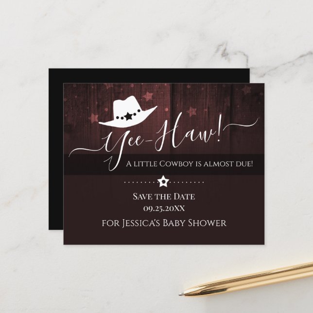 Little Cowboy Western Baby shower Save the Date (Voorkant / Achterkant in situ)