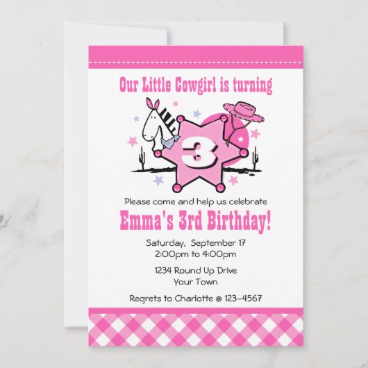 Little Cowgirl 3rd Birthday Party Invitation Kaart (Voorkant)