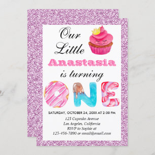 Little Cupcake Roze Lila Glitter 1st Birthday One Kaart