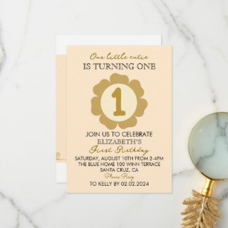 Little Cutie Gold Floral 1st Birthday Invitation C Bedankkaart