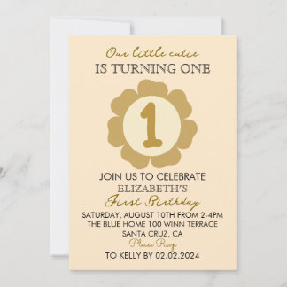Little Cutie Gold Floral 1st Birthday Invitation C Kaart