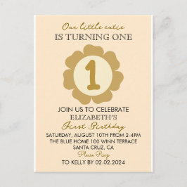 Little Cutie Goud Bloem 1e Verjaardagsuitnodiging  Briefkaart