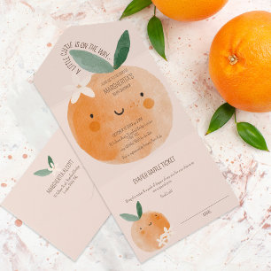 Little Cutie Oranje Citrus Botanische Baby shower All In One Uitnodiging