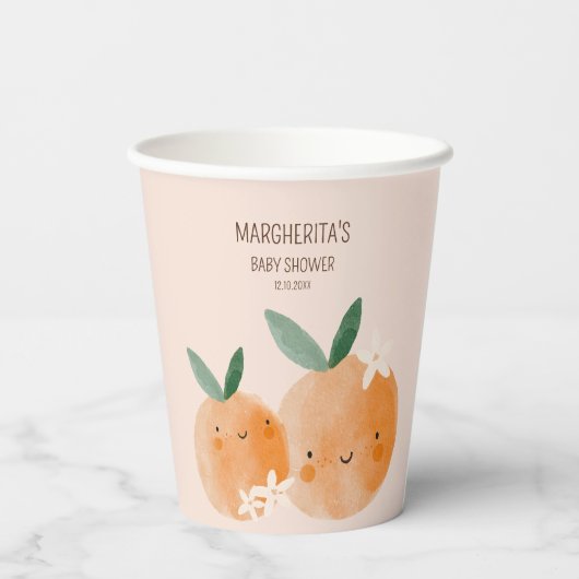 Little Cutie Oranje Citrus Botanische Baby shower Papieren Bekers (Achterkant)