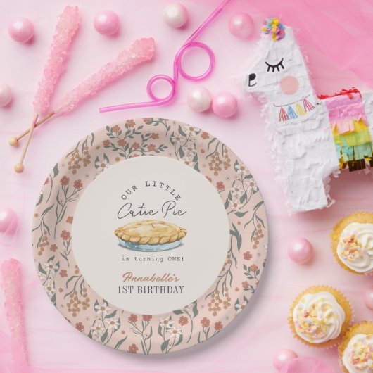 Little Cutie Pie Pink Bloemen 1e verjaardag Papieren Bordje (Feest)