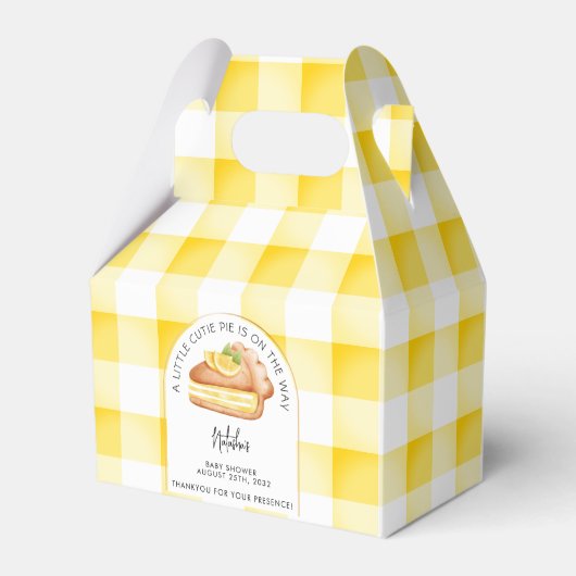 Little Cutie Pie Yellow Gingham geruite Baby showe Bedankdoosjes (Voorkant Zijde)