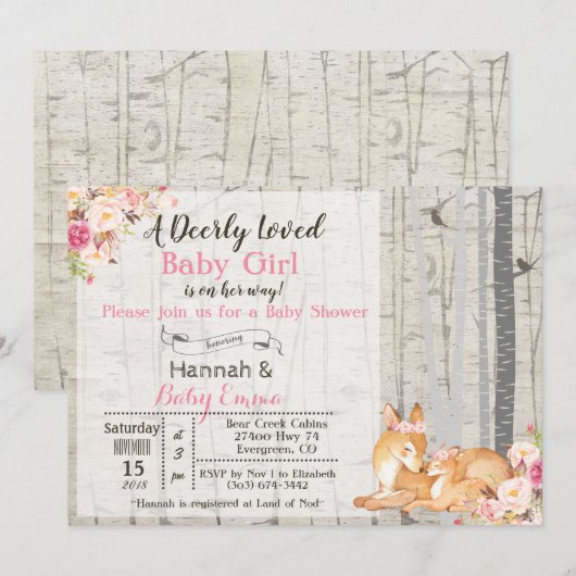 Little Deer Meisje Bloemen Baby shower Invitation Kaart (Voorkant / Achterkant)