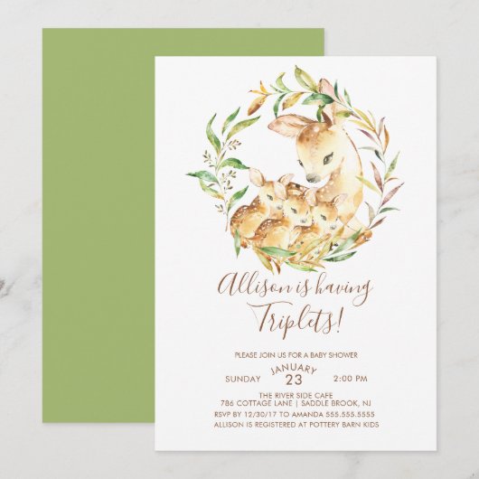 Little Deer Triplets Baby Douche Uitnodigingen (Voorkant / Achterkant)