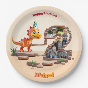 Little Dino Dragon Foto groot nummer 2e verjaard Papieren Bordje