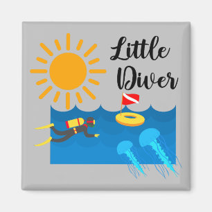 Little Diver met Jelly Fish - Square Magnet Magneet