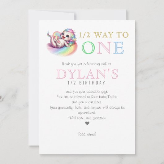 Little Dragon Halfway to One Pink 6 maanden Verjaa Bedankkaart (Voorkant)