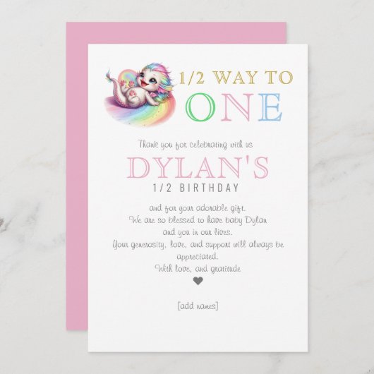 Little Dragon Halfway to One Pink 6 maanden Verjaa Bedankkaart (Voorkant / Achterkant)