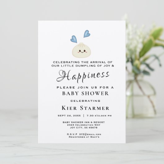 Little Dumpling Blue Baby shower Invitation Kaart (Staand voorkant)