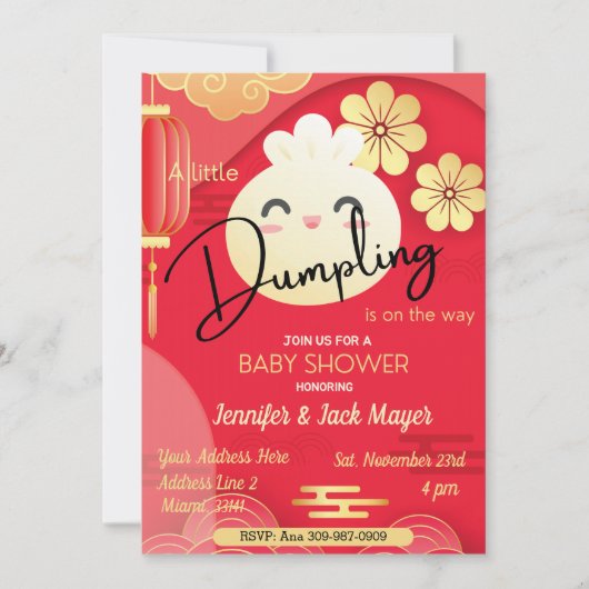 Little Dumpling Red & Gold Baby shower Invitation Kaart (Voorkant)