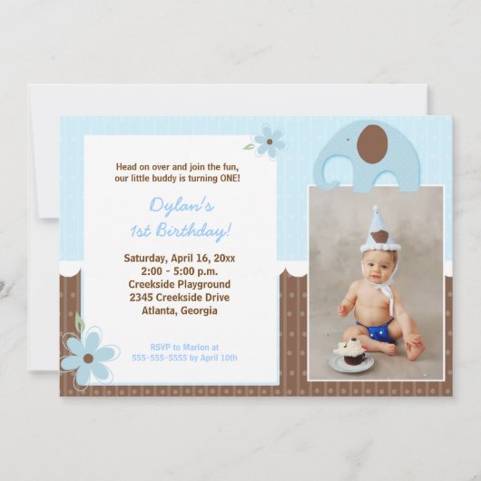 Little Elephant (Blue) Mod Birthday Invitation 5x7 Kaart (Voorkant)