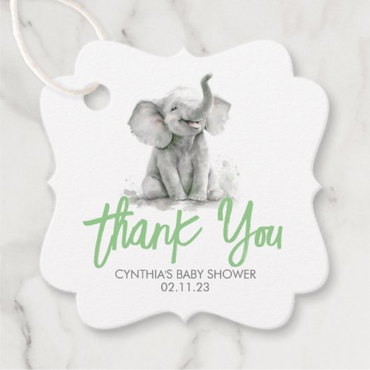 Little Elephant Green Grey Baby shower Dank u Bedankjes Labels (Voorkant)