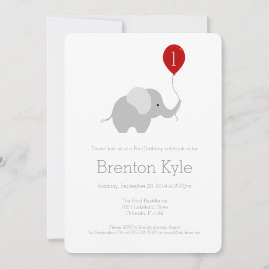 Little Elephant with Balloon Birthday Invitation Kaart (Voorkant)