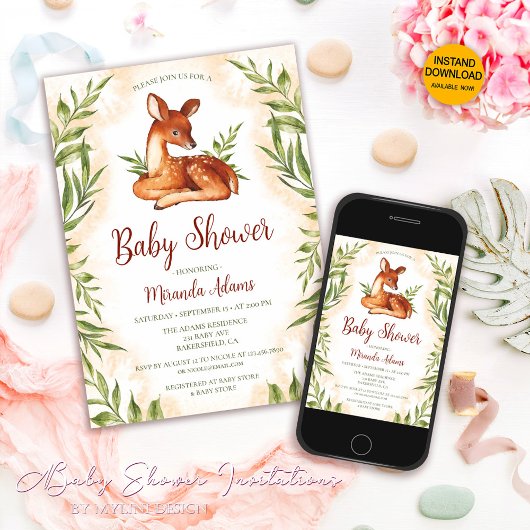 Little Fawn Botanical Baby shower Kaart