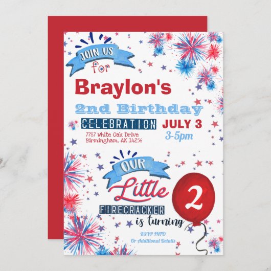 Little Firecracker Invitation du 2e anniversaire (Devant / Derrière)