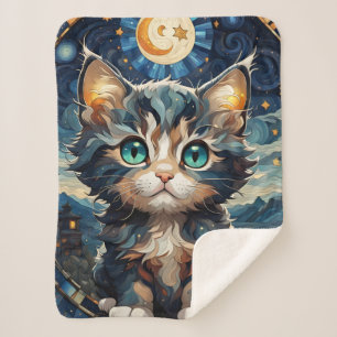 Little Fluffy Kitten Night Sky Glas in lood Sherpa Deken