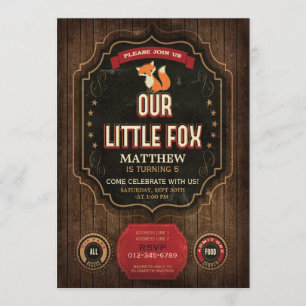 Little Fox Birthday Party Rustic Chalkboard & Wood Kaart